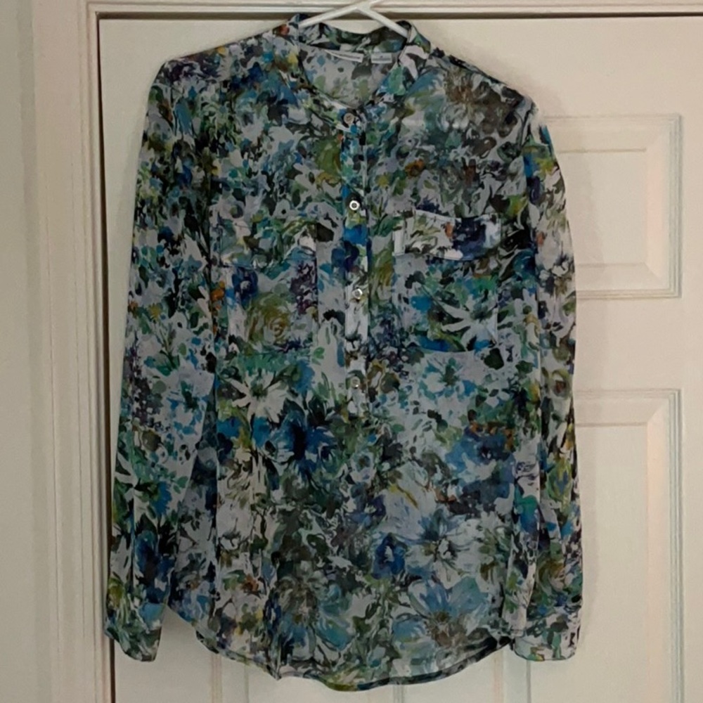 Liz Claiborne Blue Green Relaxed Mandarin Collar Blouse